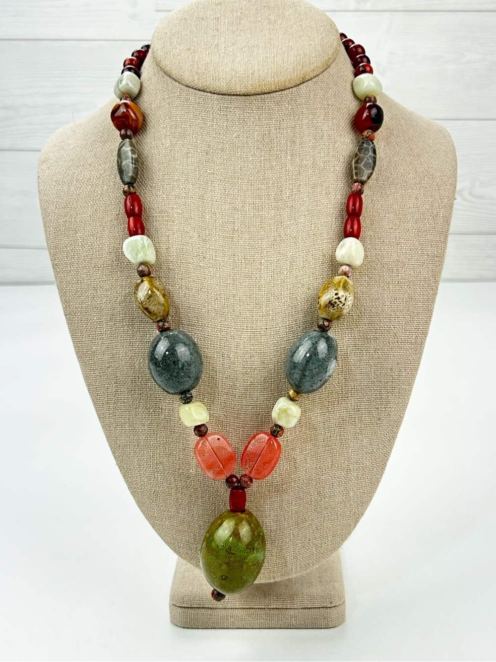 Handcrafted Multicolor Bead Statement Necklace - Green, Red & Gray